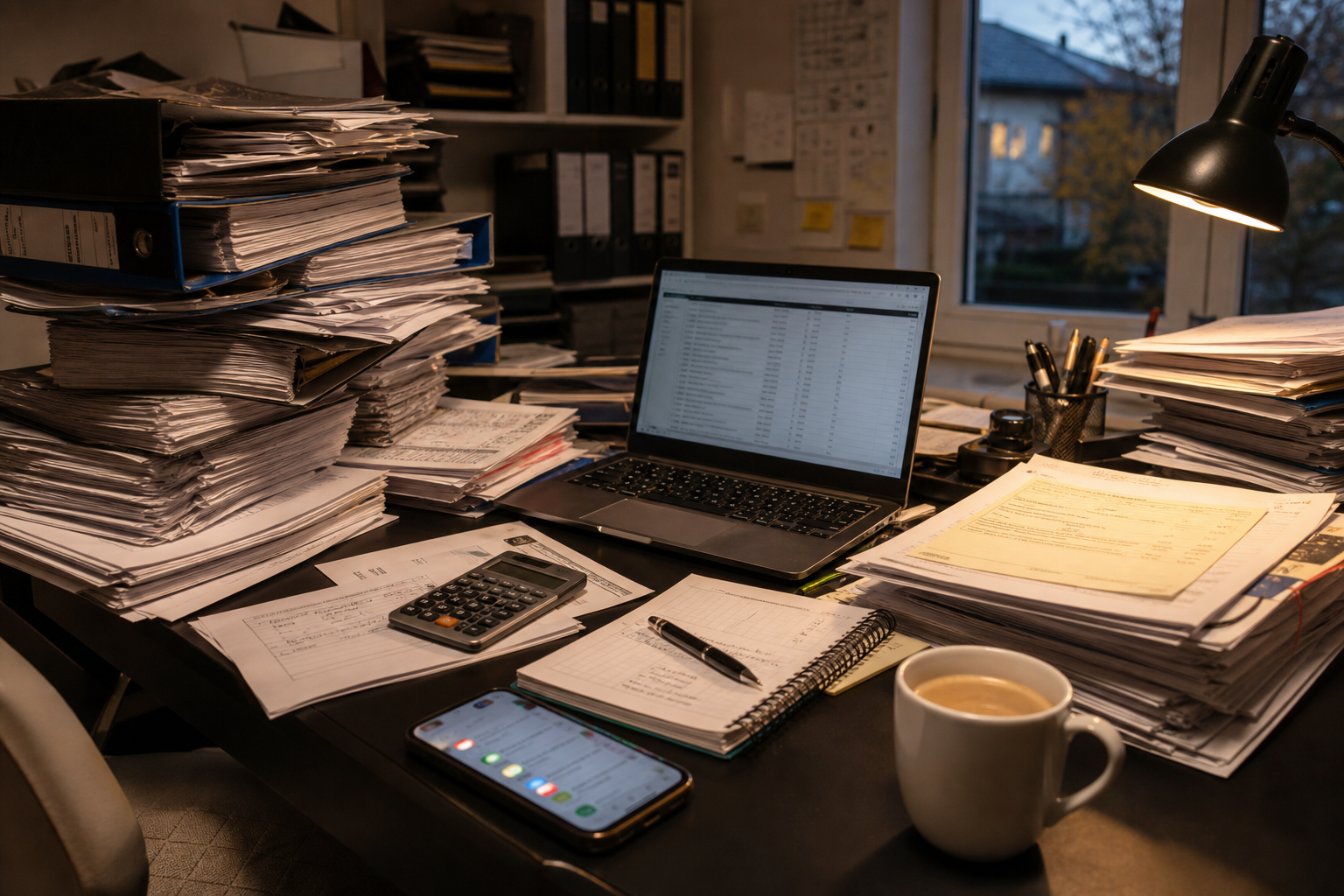 Schreibtisch mit Unterlagen und Papierstapel